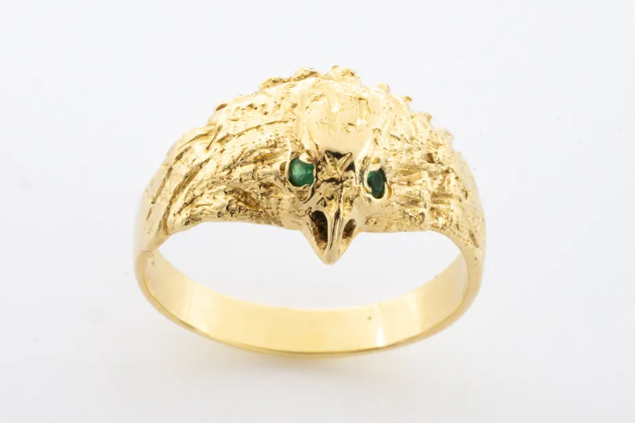 18 carat gold eagle ring with emerald eyes