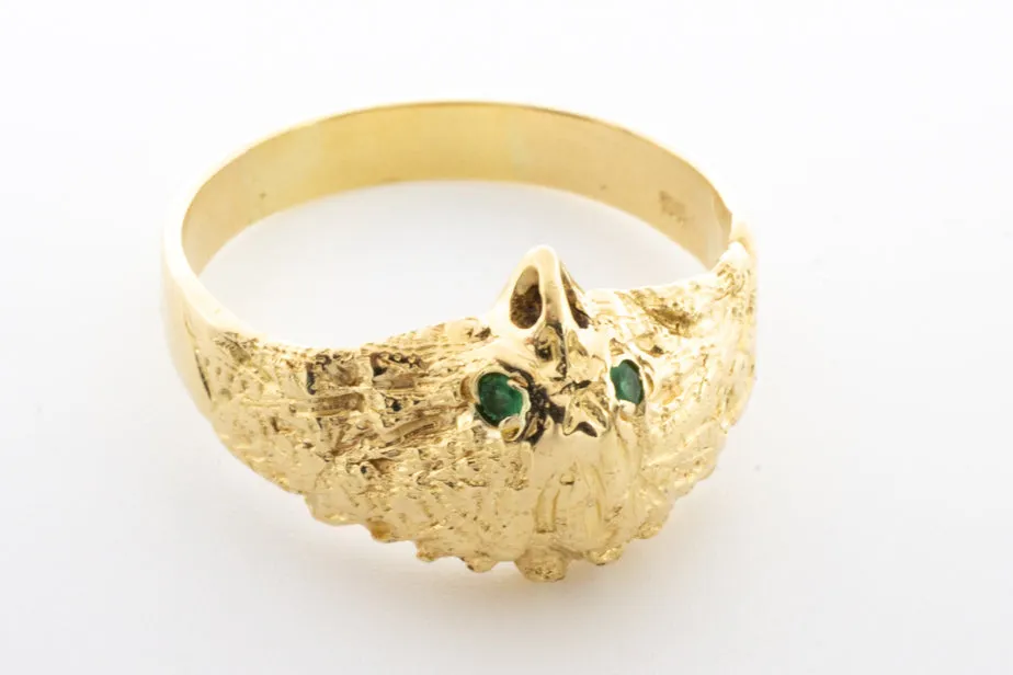 18 carat gold eagle ring with emerald eyes