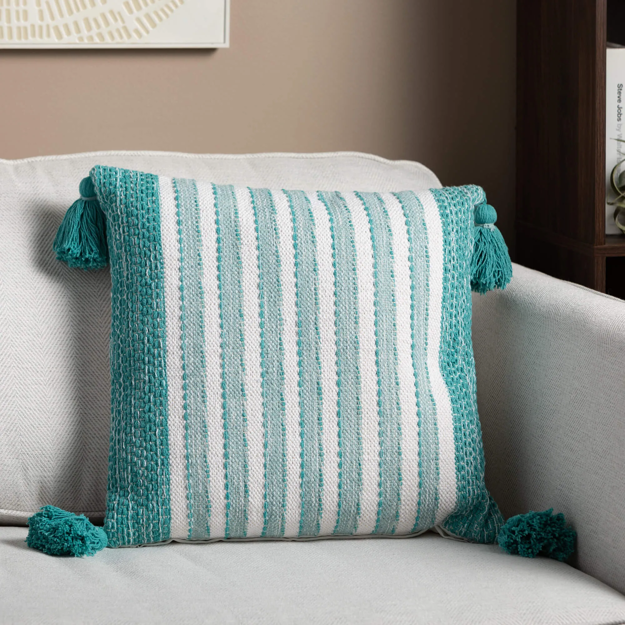 18"H Sullivans Woven White & Seafoam Pillow, Multicolor