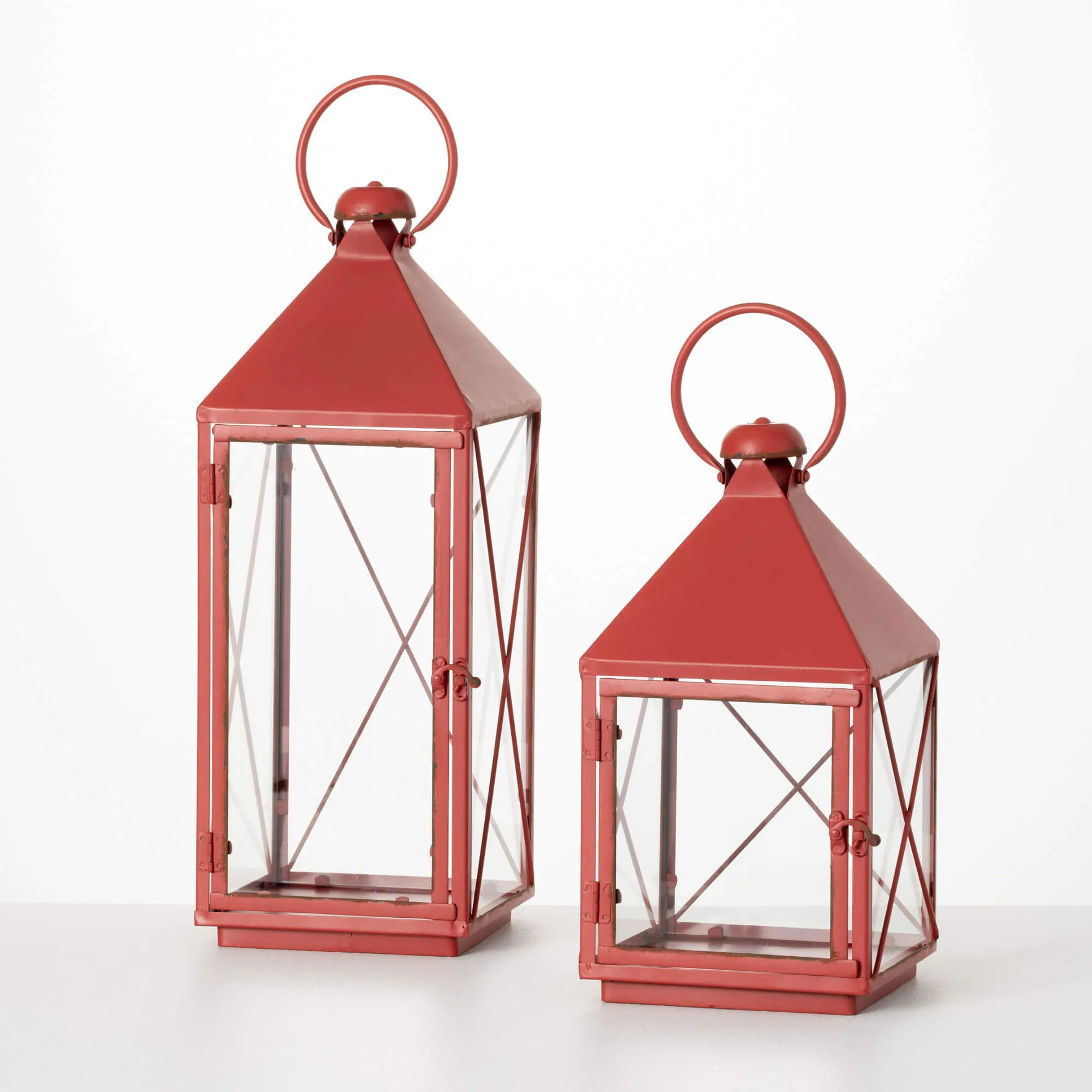 19.5"H and 13.5"H Sullivans Holiday Red Metal Lantern - Set of 2