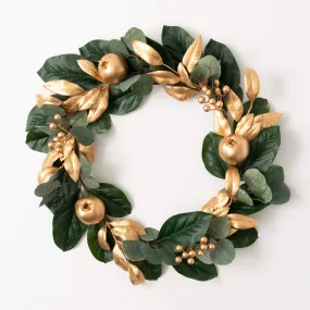 22"H Sullivans Gold Berry Leaf Wreath, Green