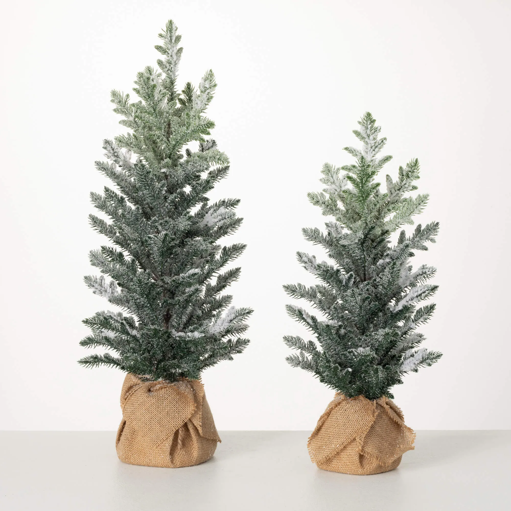 25"H and 20.5"H Sullivans Snowy Pine Tree  In Burlap - Set of 2, Green