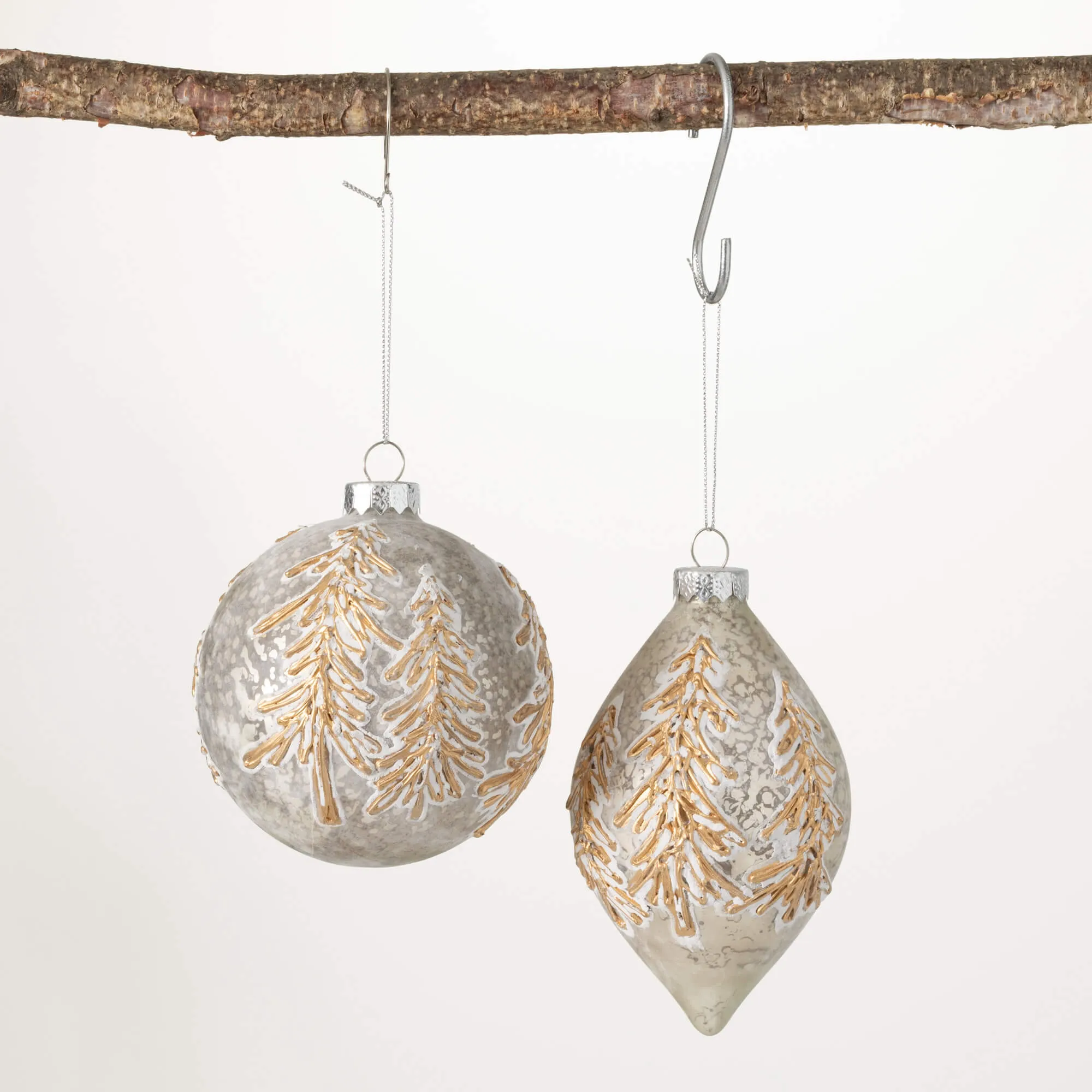 5.75"H and 4"H Sullivans Frosted Gold Pine Ornament - Set of 2, Gold Christmas Ornaments