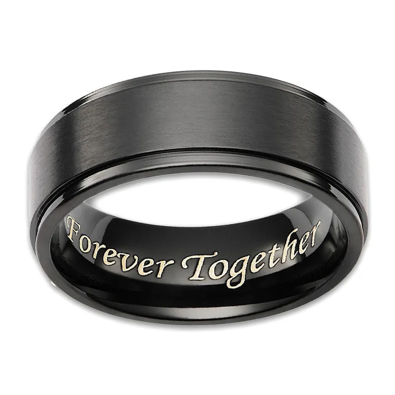 8MM Men's Black Titanium Ring Wedding Band Engraved Forever Together