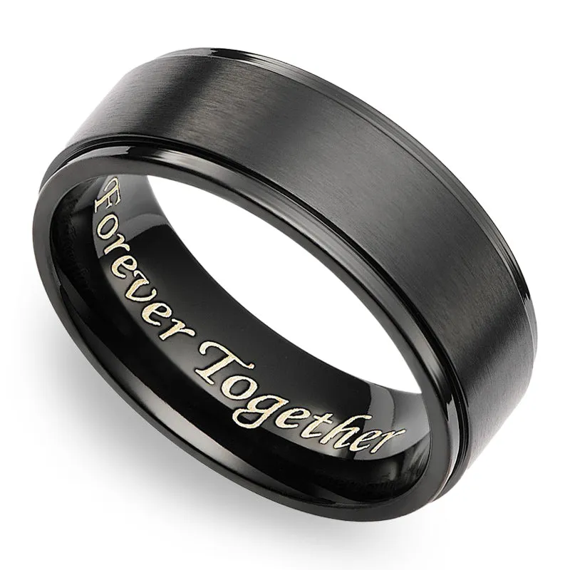 8MM Men's Black Titanium Ring Wedding Band Engraved Forever Together