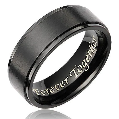 8MM Men's Black Titanium Ring Wedding Band Engraved Forever Together