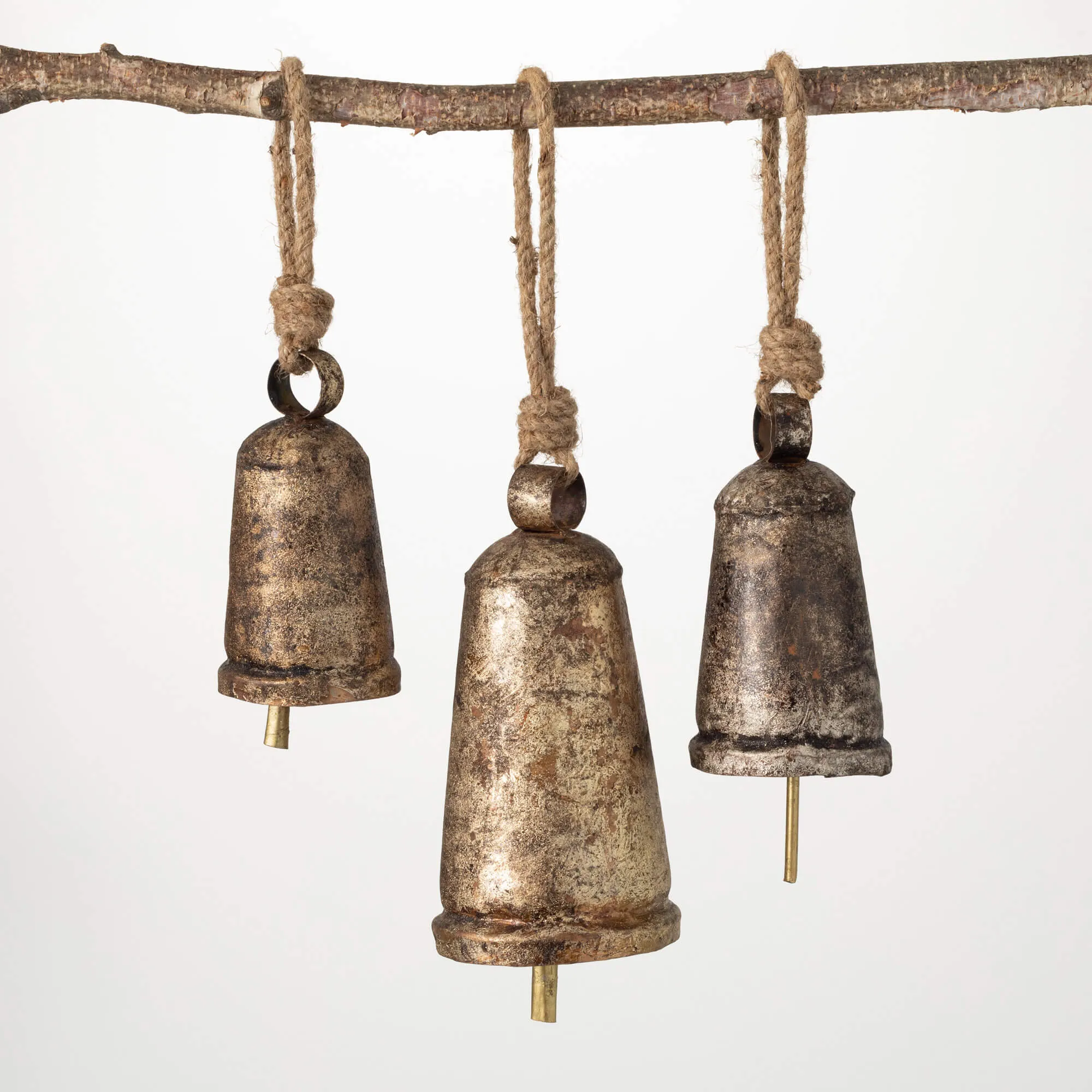 9"H, 7.5"H and 5.5"H Sullivans Metal and Rope Bell Ornaments - Set of 3, Gold Christmas Ornaments