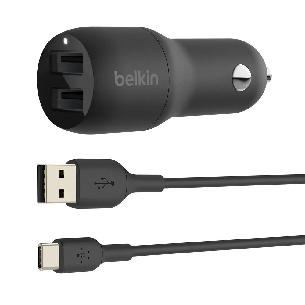 Belkin BOOSTCHARGE Dual USB-A Car Charger 24W   USB-A to USB-C Cable Universally compatible - Black