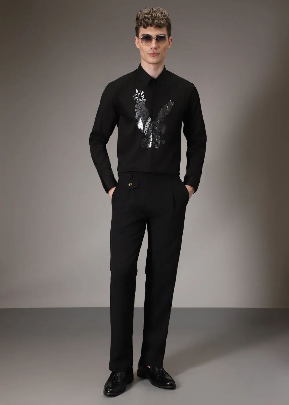 Optimized title of the e-commerce product: Stylish Black Sequenced Soar Eagle Shirt for Men