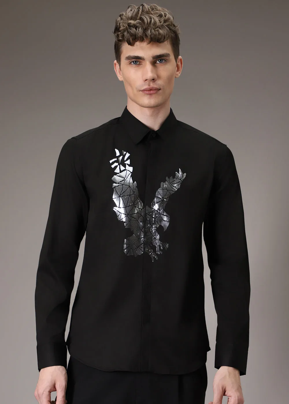 Optimized title of the e-commerce product: Stylish Black Sequenced Soar Eagle Shirt for Men