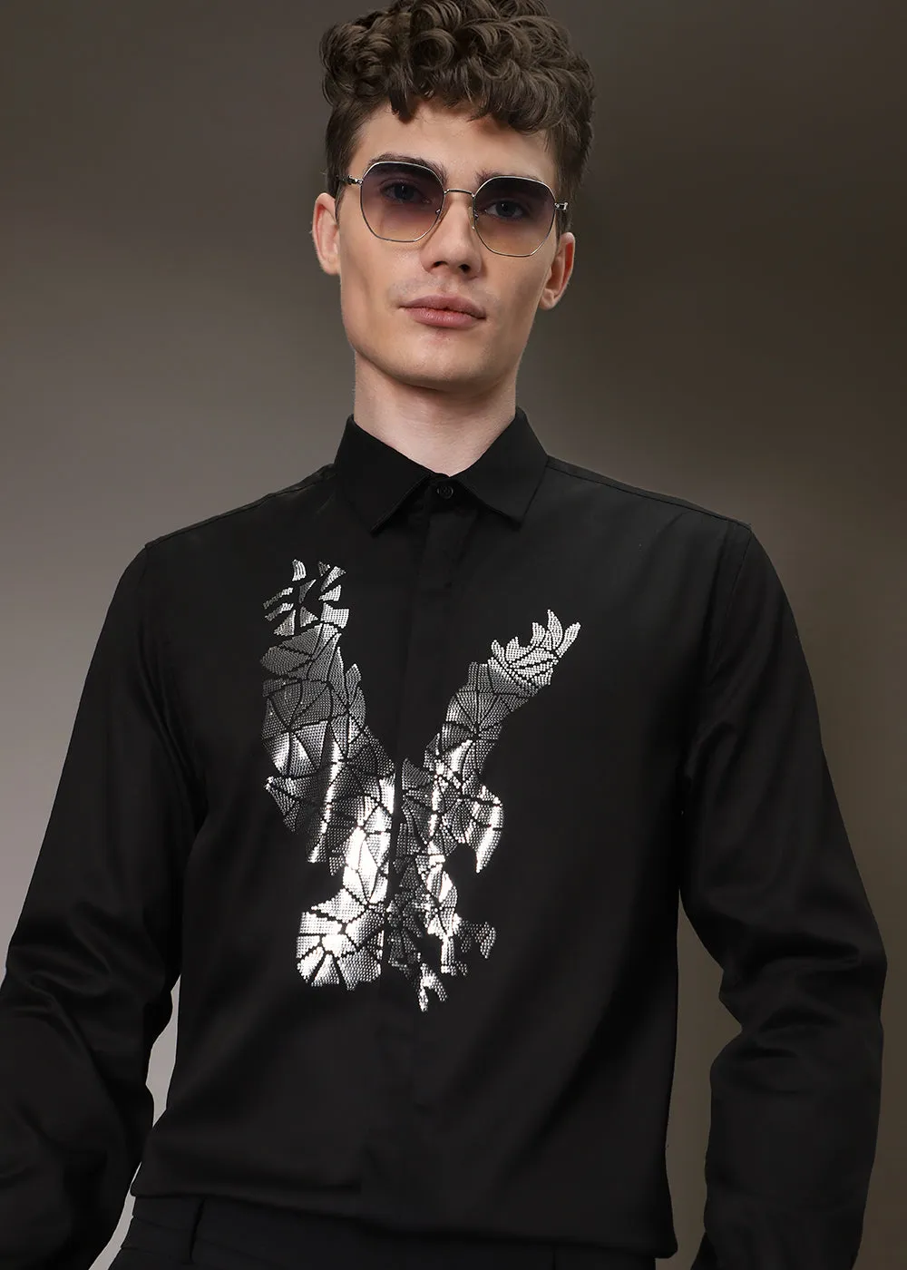 Optimized title of the e-commerce product: Stylish Black Sequenced Soar Eagle Shirt for Men