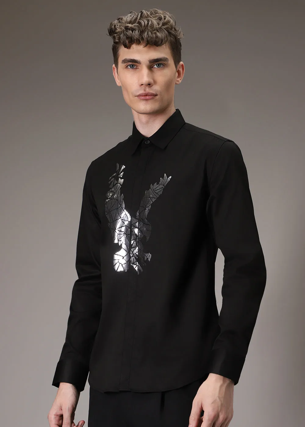 Optimized title of the e-commerce product: Stylish Black Sequenced Soar Eagle Shirt for Men