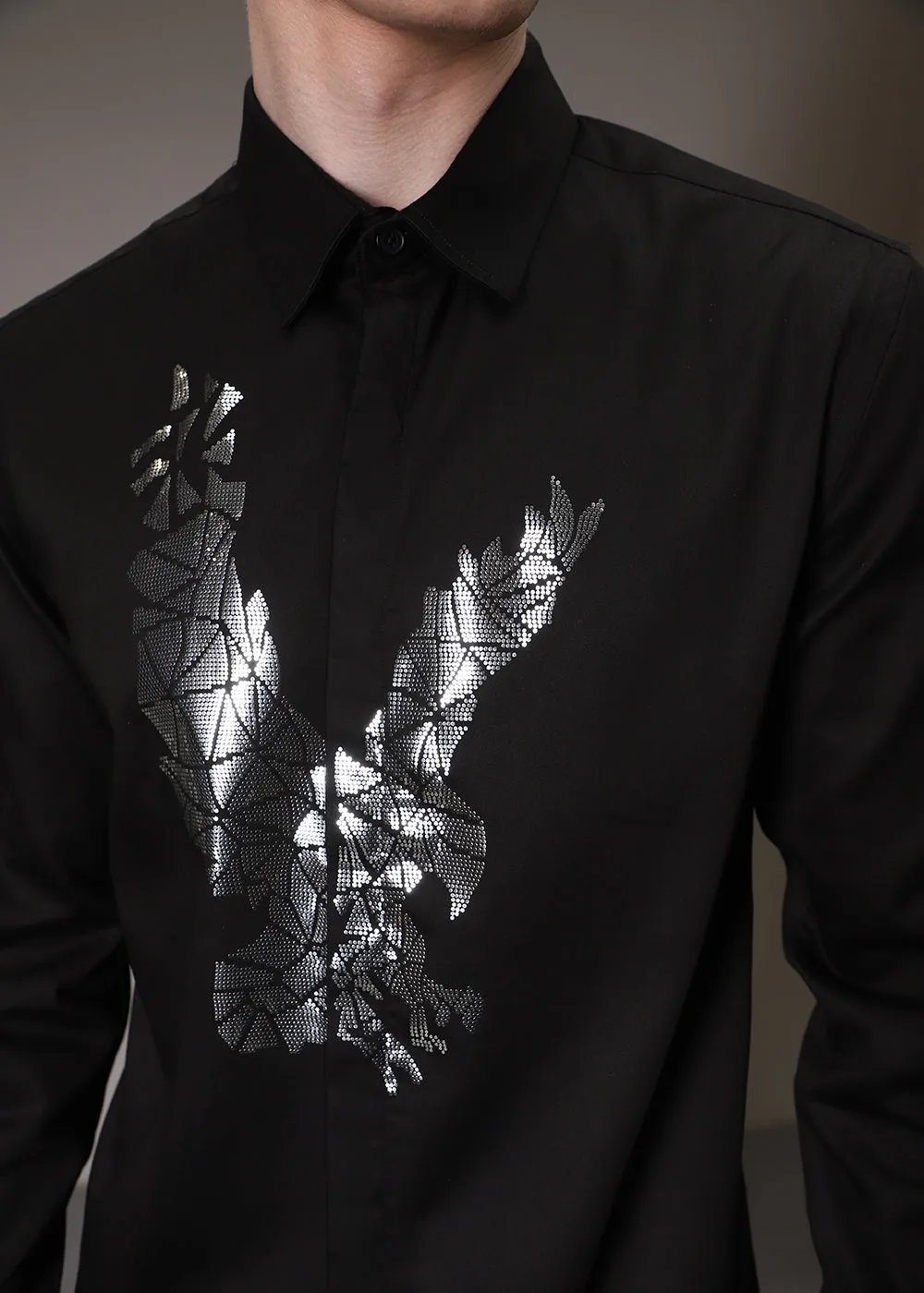 Optimized title of the e-commerce product: Stylish Black Sequenced Soar Eagle Shirt for Men