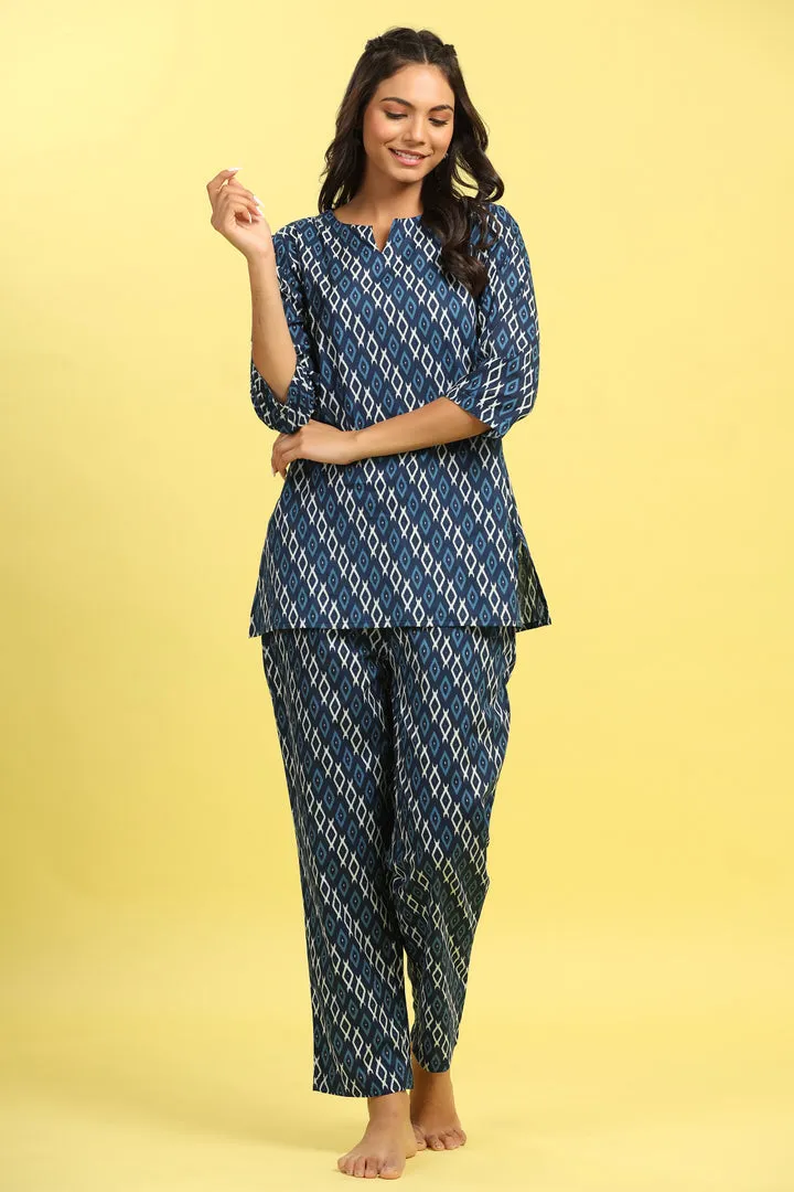 Checkered on Blue Cotton Top Set