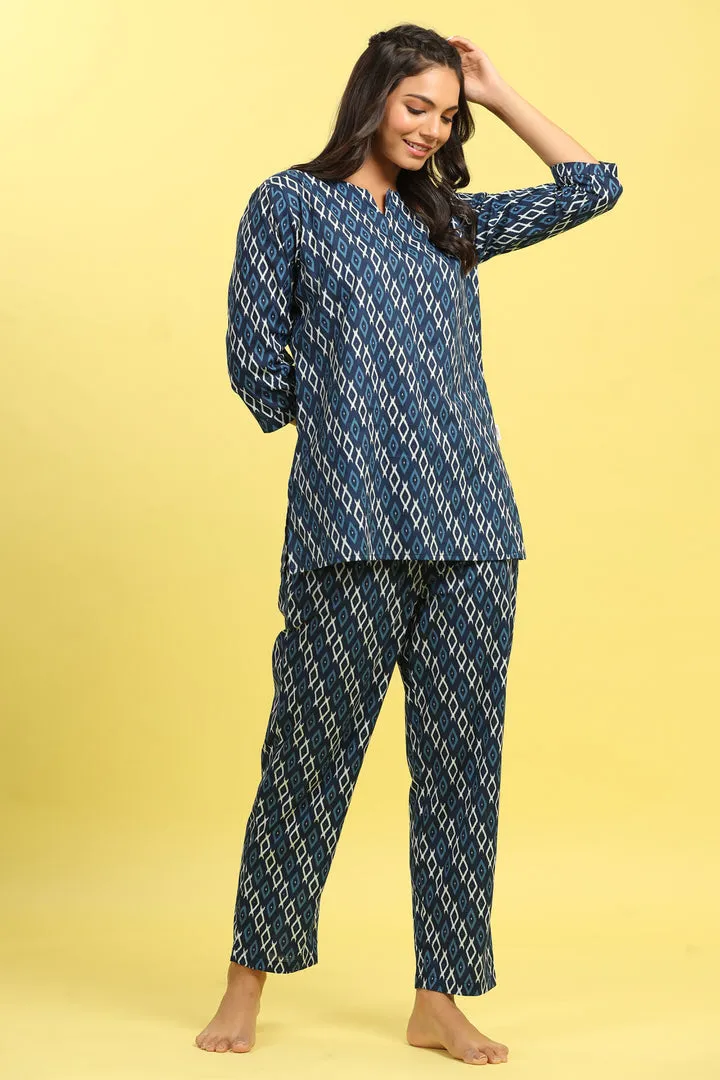 Checkered on Blue Cotton Top Set