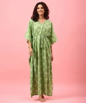 Floral Shibori on Green Cotton Kaftan