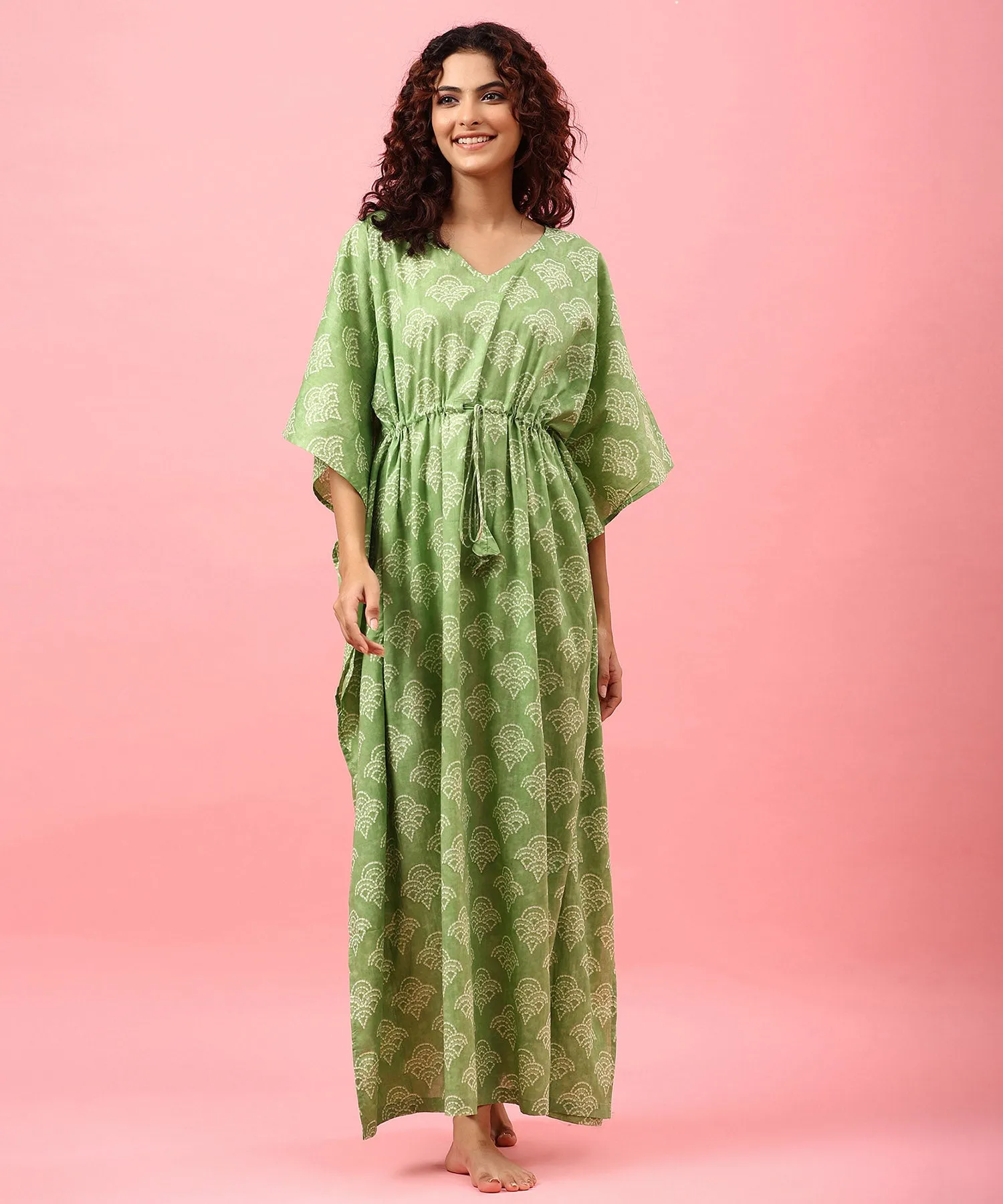 Floral Shibori on Green Cotton Kaftan