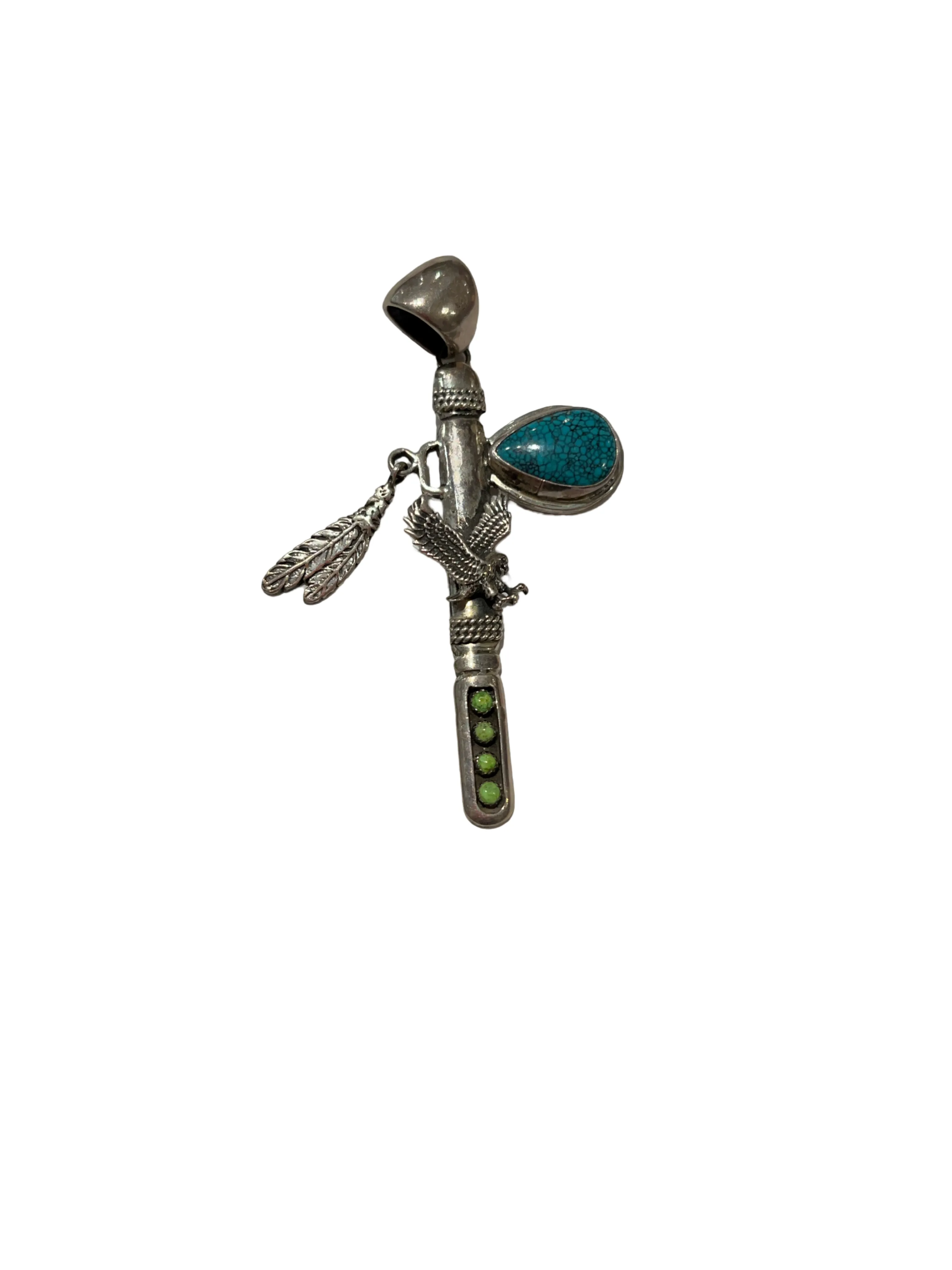 Genuine Native American Silver Green &Turquoise Eagle & Feathers Pendant