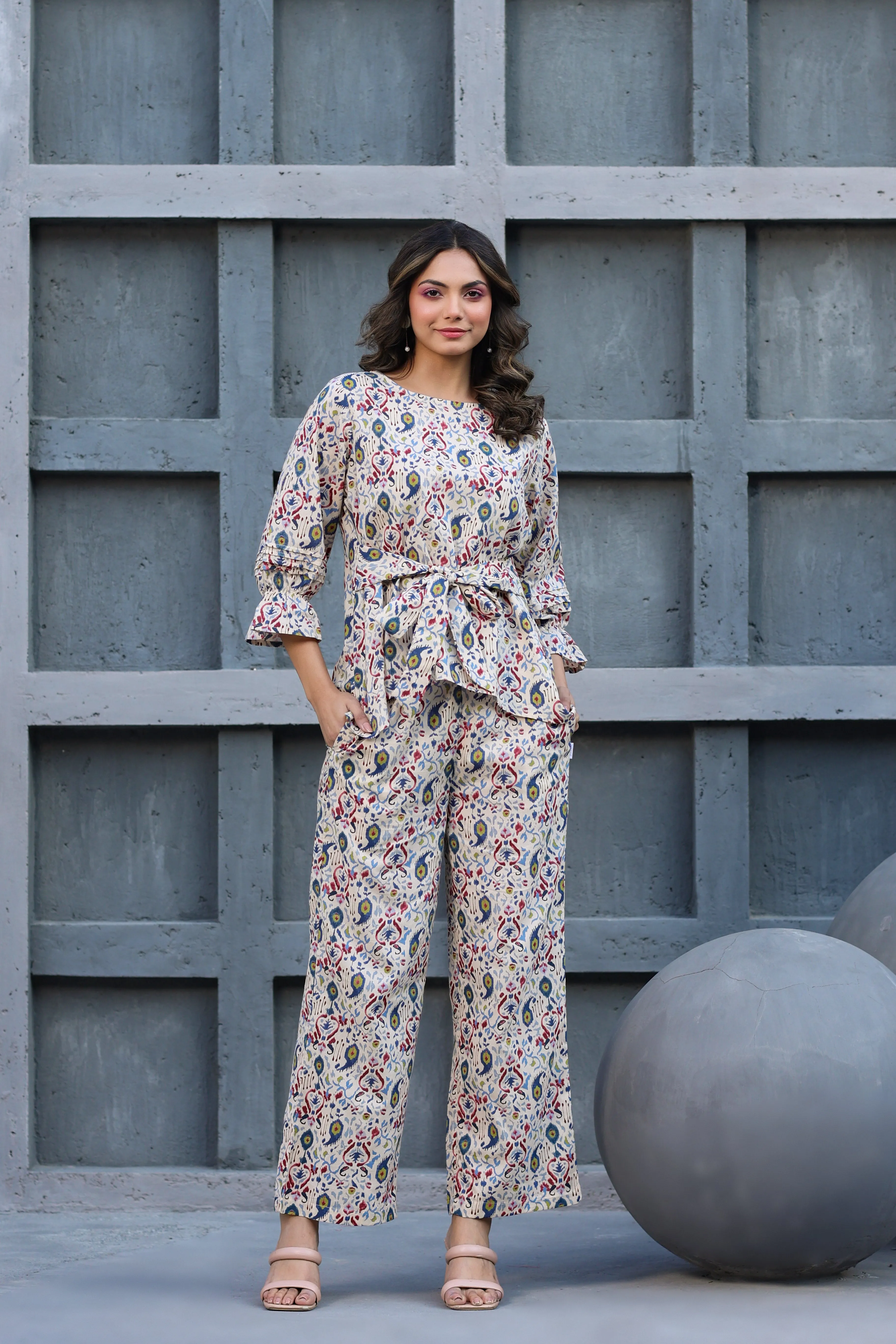 Ikat Multi Print on Off white Cotton Front tie Co ord set