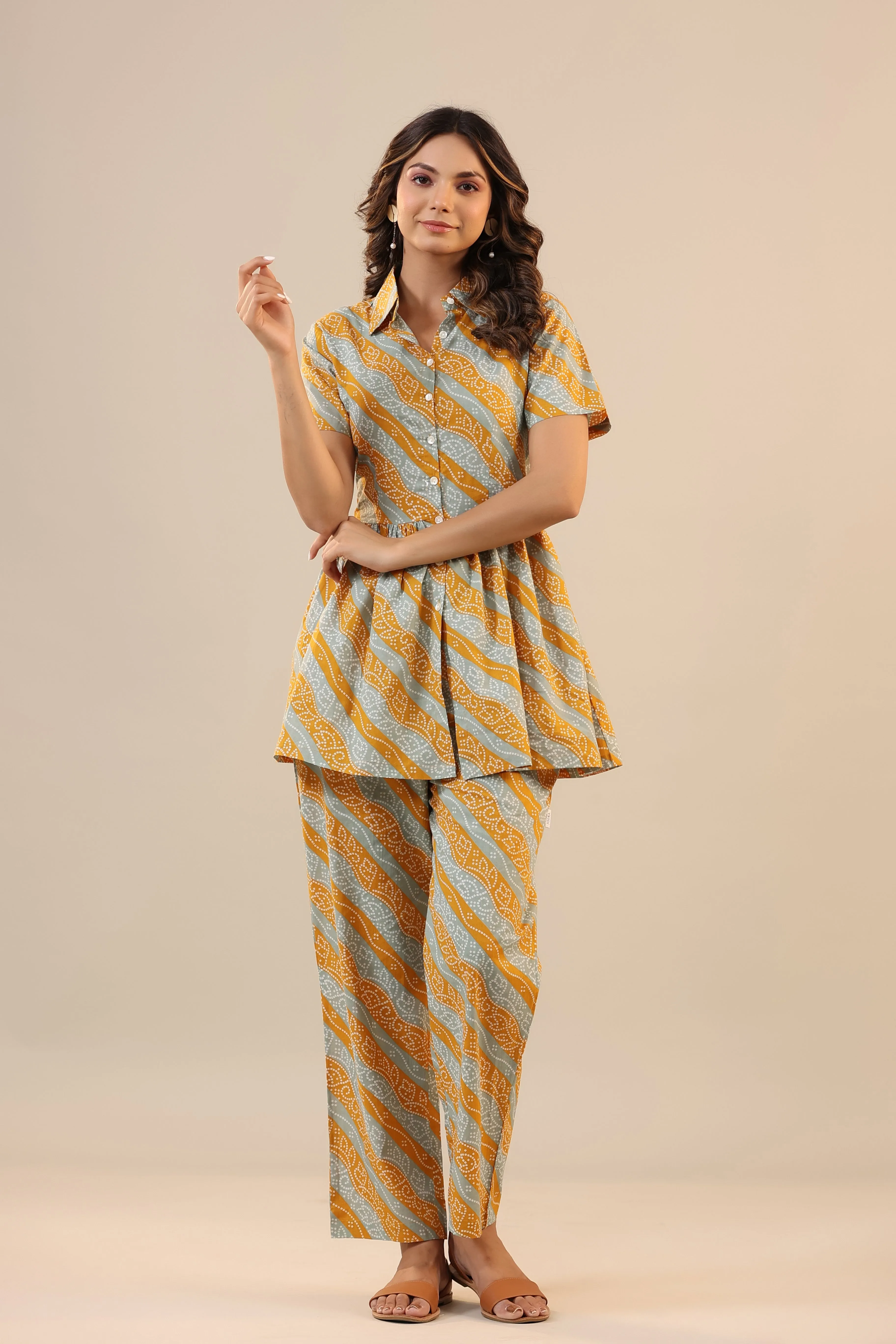 Lehariya with Bhandej on Cotton Peplum Co ord Set