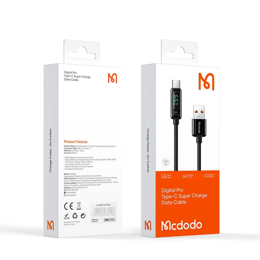 Mcdodo Digital Pro USB-A to USB-C Cable 6A (1.2M)