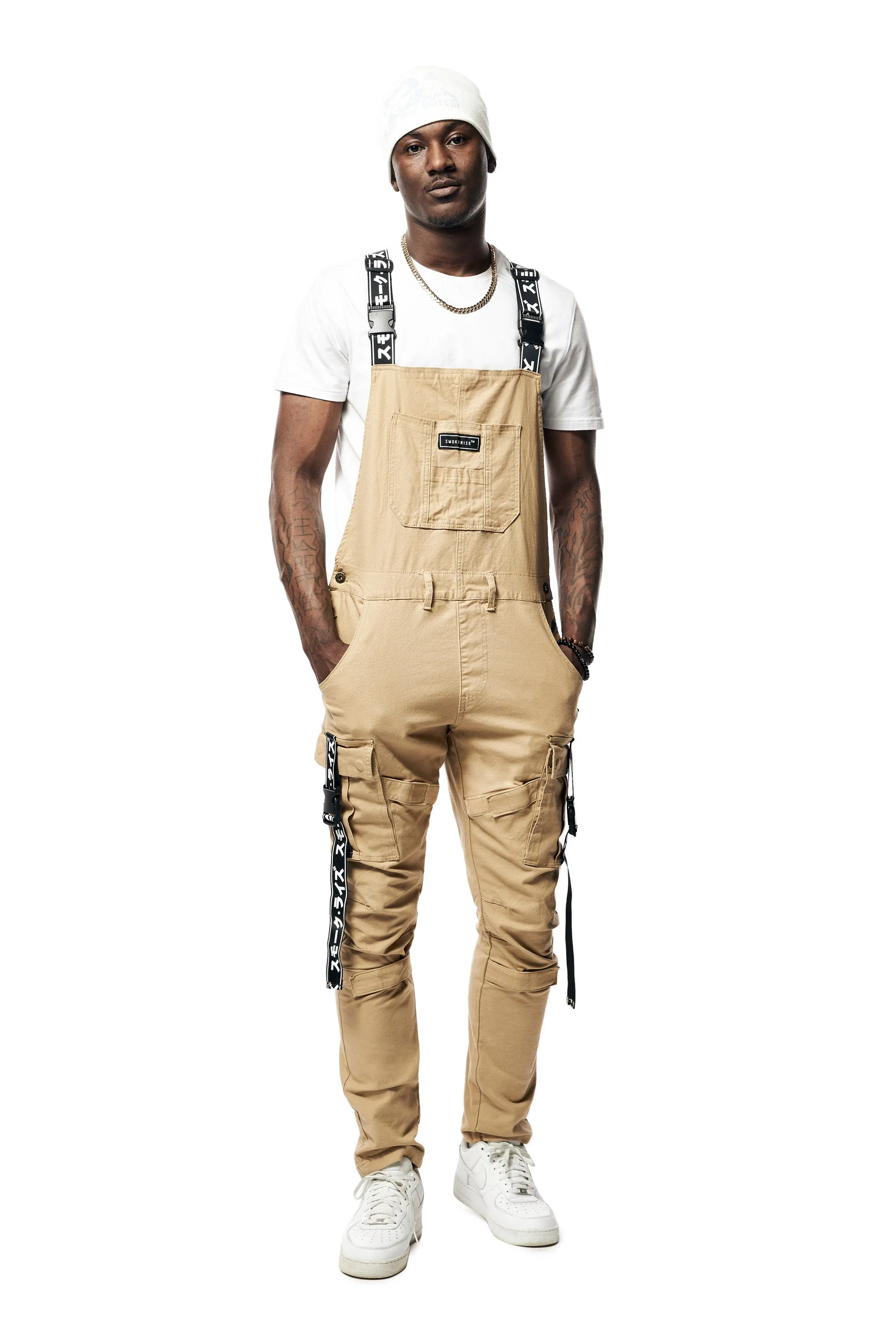 Mens Multi Cargo Fashion Twill Overalls - Khaki