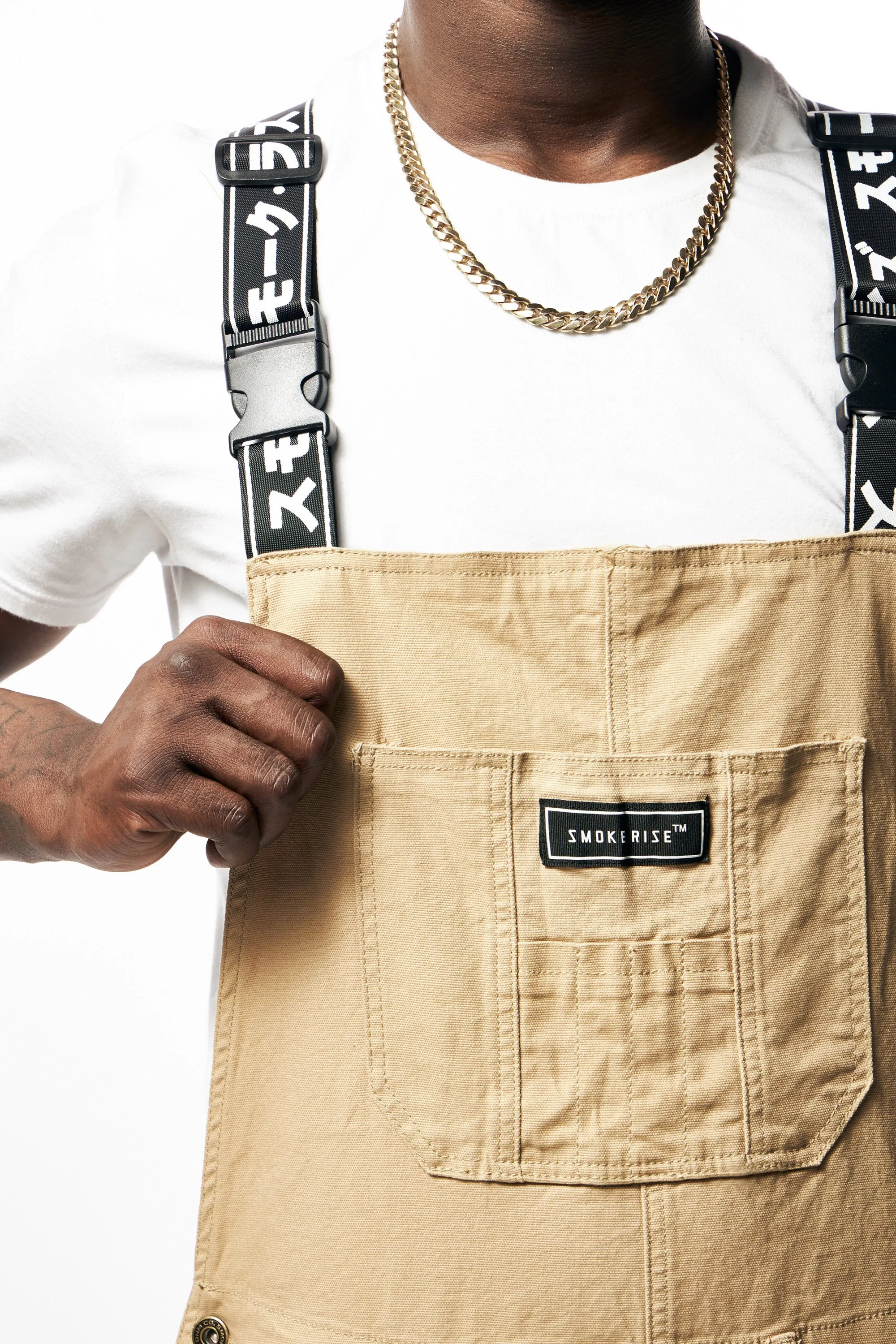 Mens Multi Cargo Fashion Twill Overalls - Khaki