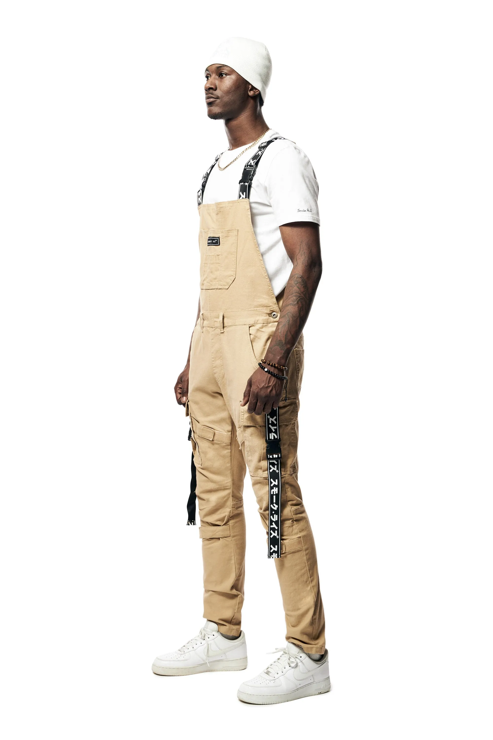 Mens Multi Cargo Fashion Twill Overalls - Khaki