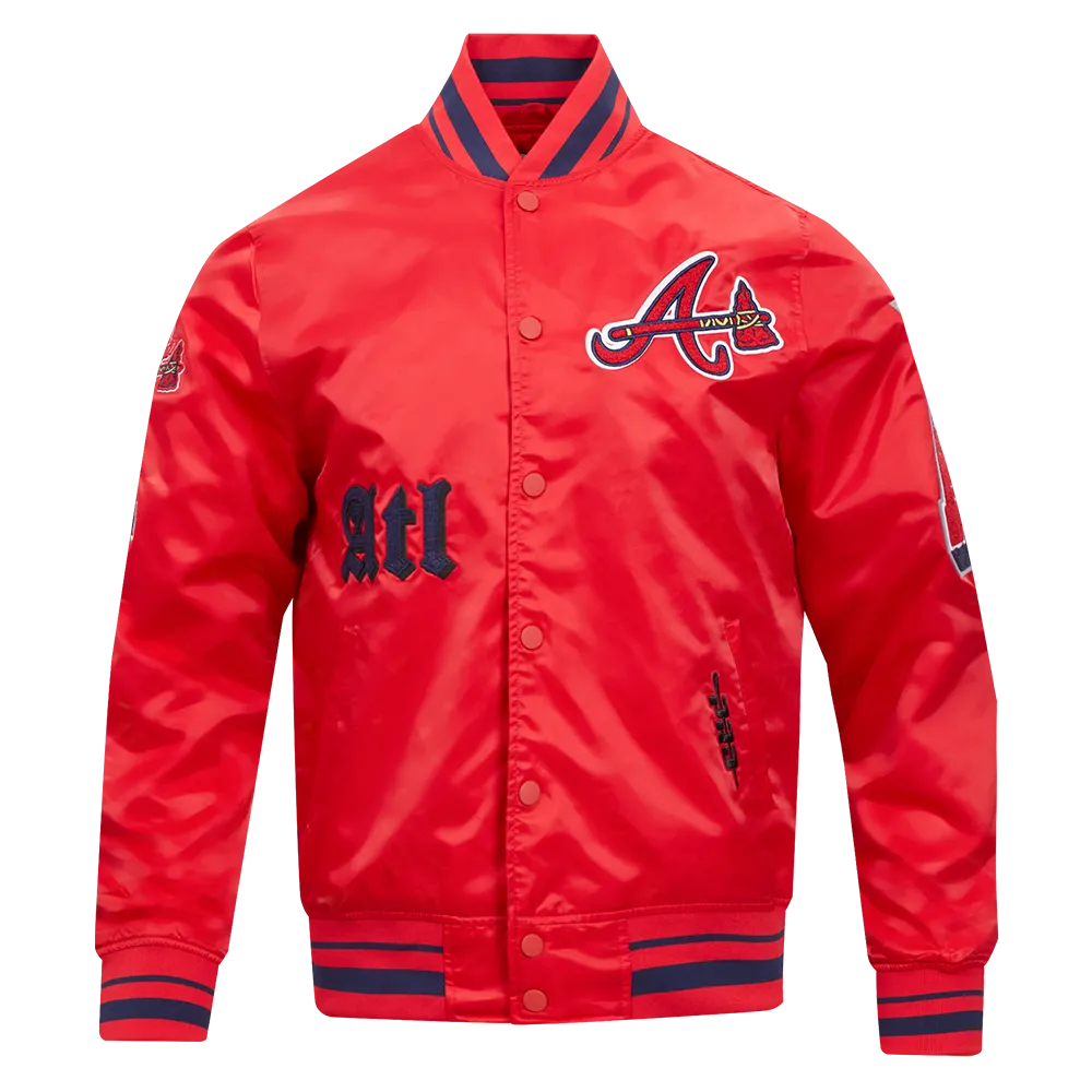 MLB ATLANTA BRAVES OLD ENGLISH MEN'S RIB SATIN JACKET (RED/MIDNIGHT NAVY/RED)