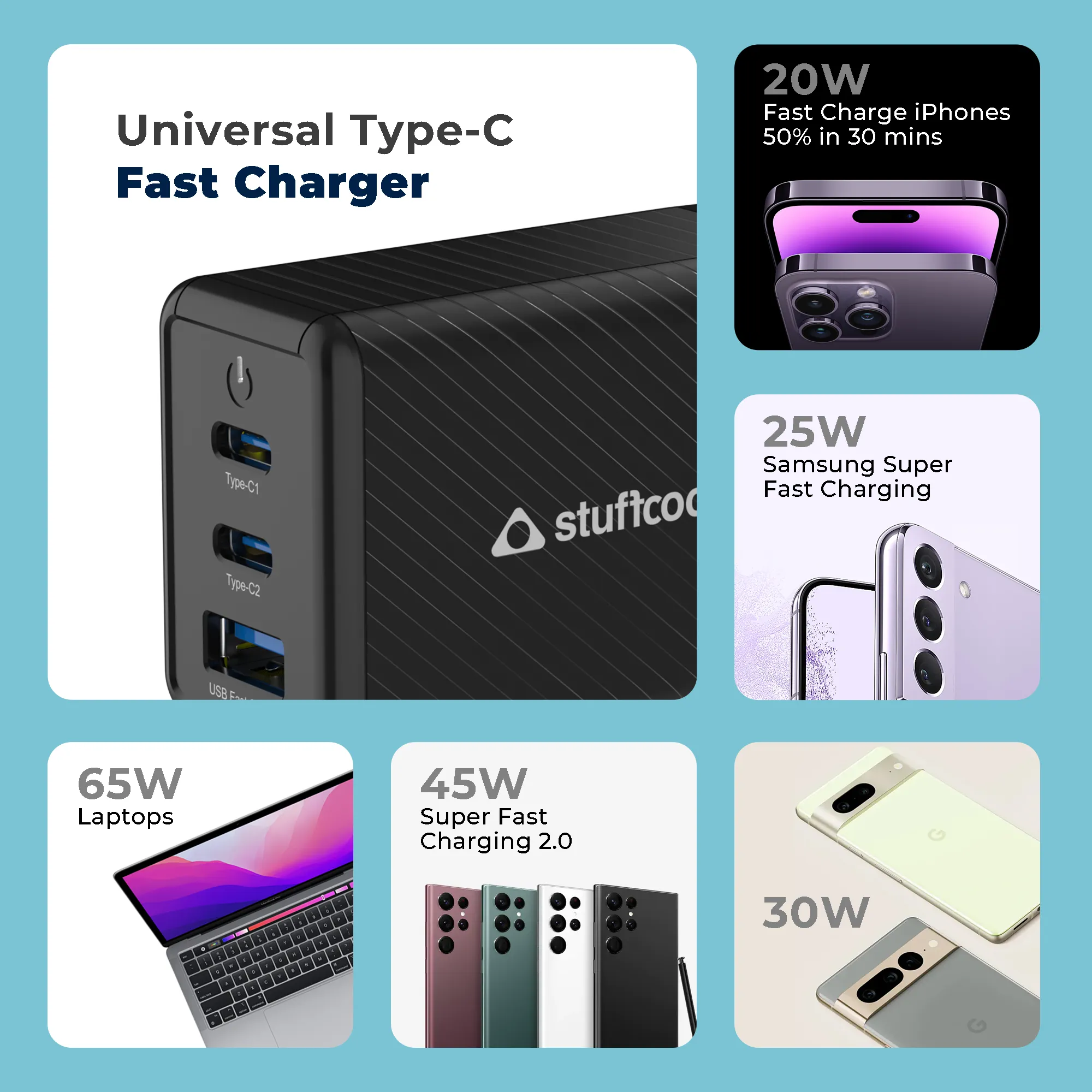 Nova 65W GaN Charger with 2 USB-C Ports & 1 USB-A Port, Multi-Port Fast Charging Adapter