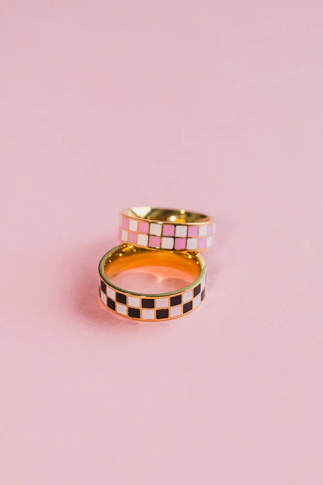 Pink and White Checkered Fashion Ring