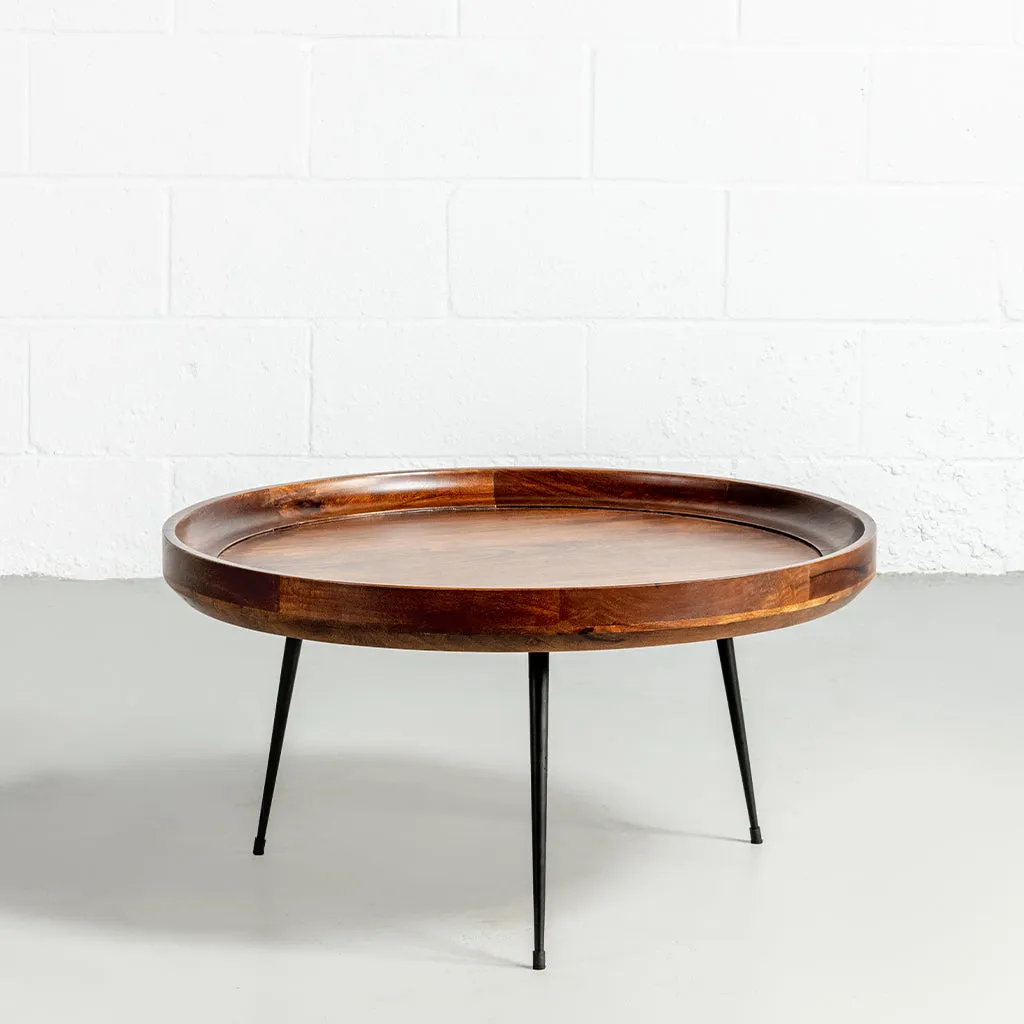 SELMA - Walnut Mango Wood Modern Round Coffee Table With Metal Legs